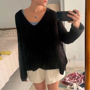 Free People Black V-Neck Ribbed Knit Sweater
